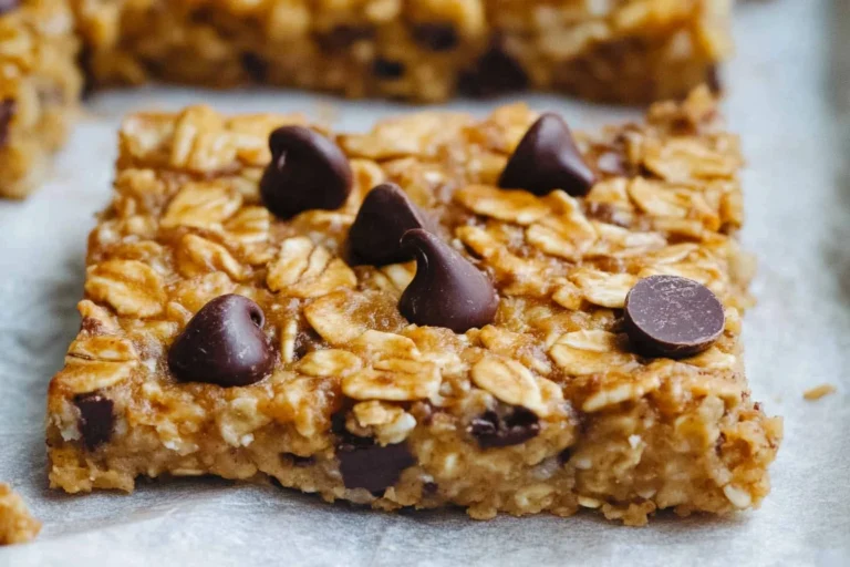 Delicious homemade baked oatmeal bars on a wooden table