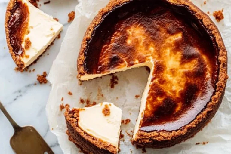 Delicious slice of Basque Cheesecake with a caramelized top and creamy filling.