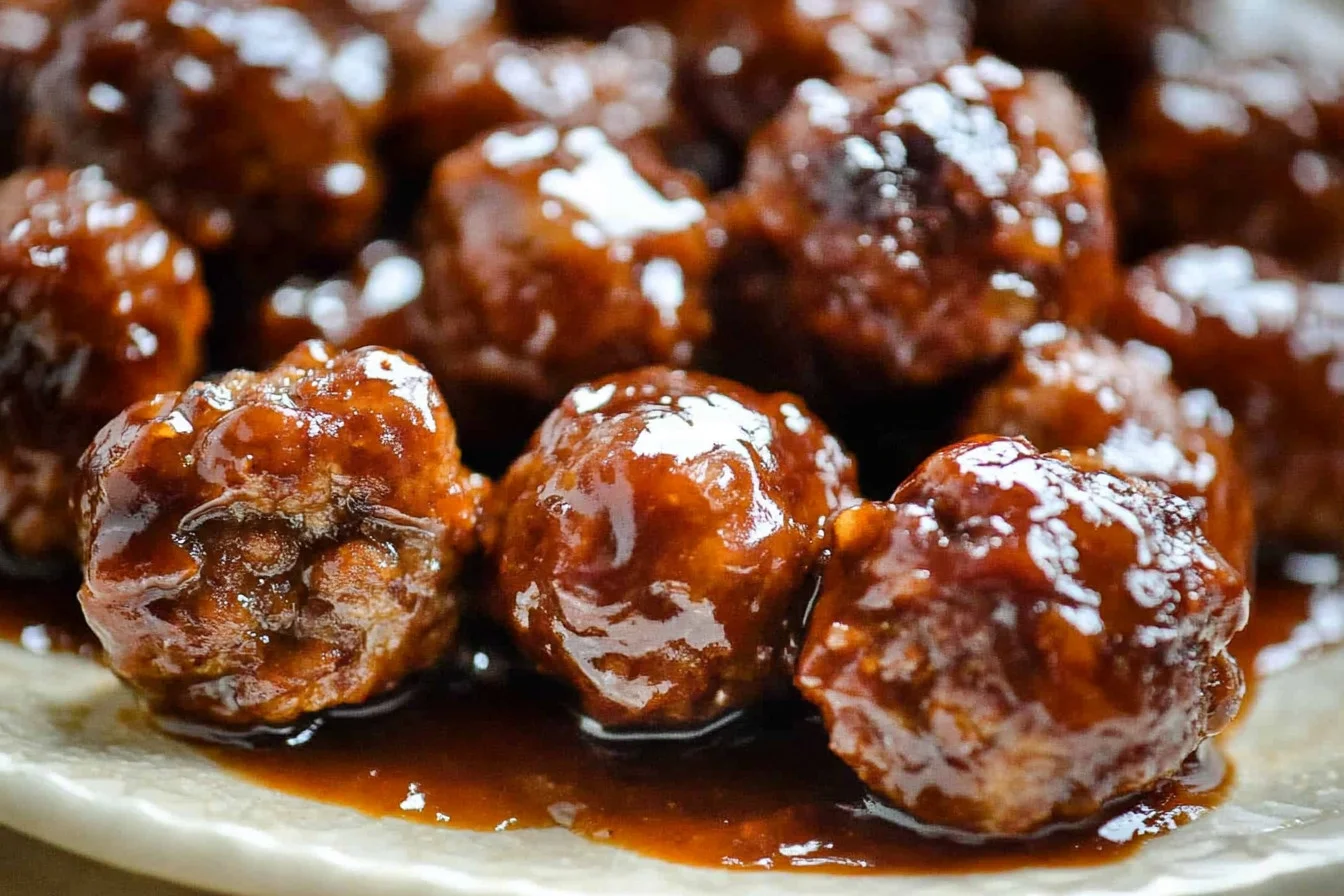 Plate of delicious BBQ meatballs glazed with barbecue sauce