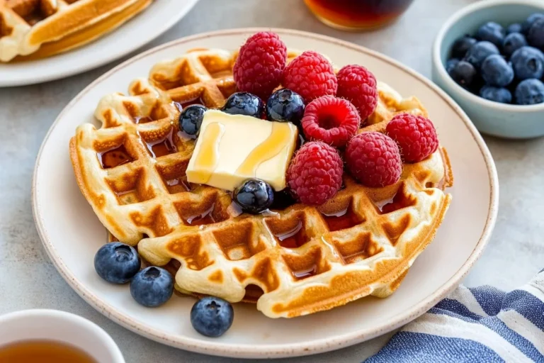 Golden Bisquick waffles stacked on a plate with syrup and berries