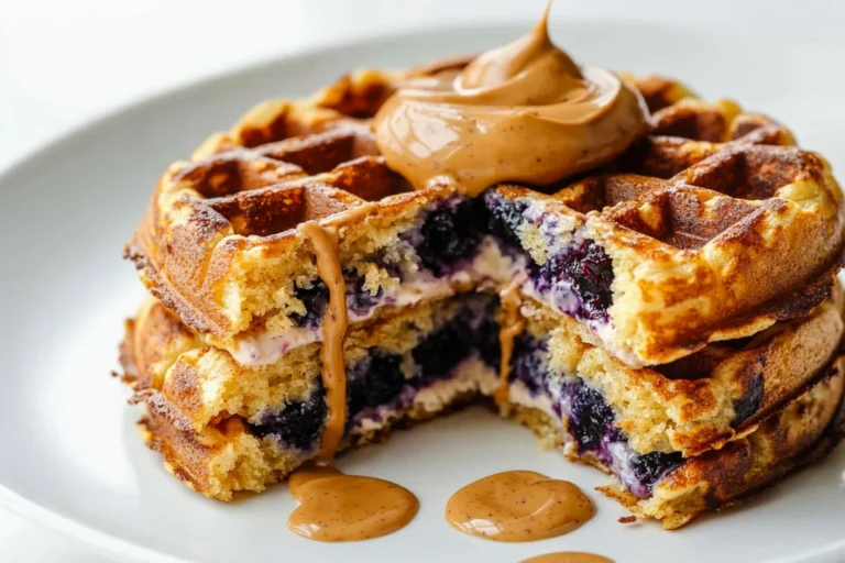 Blueberry cheesecake stuffed protein waffle topped with fresh blueberries and cream.