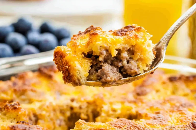 Christmas Breakfast Casserole topped with herbs and cheese in a baking dish.