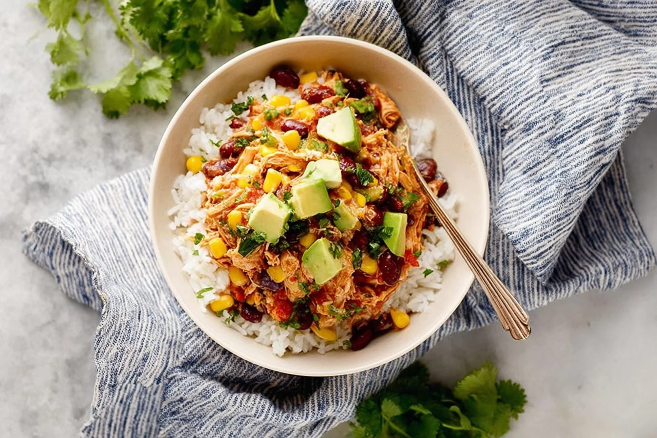 Bowl of delicious Crock Pot Chicken Taco Chili topped with cheese and cilantro