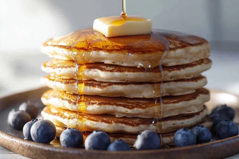 Stack of delicious dairy-free pancakes topped with fresh berries and syrup