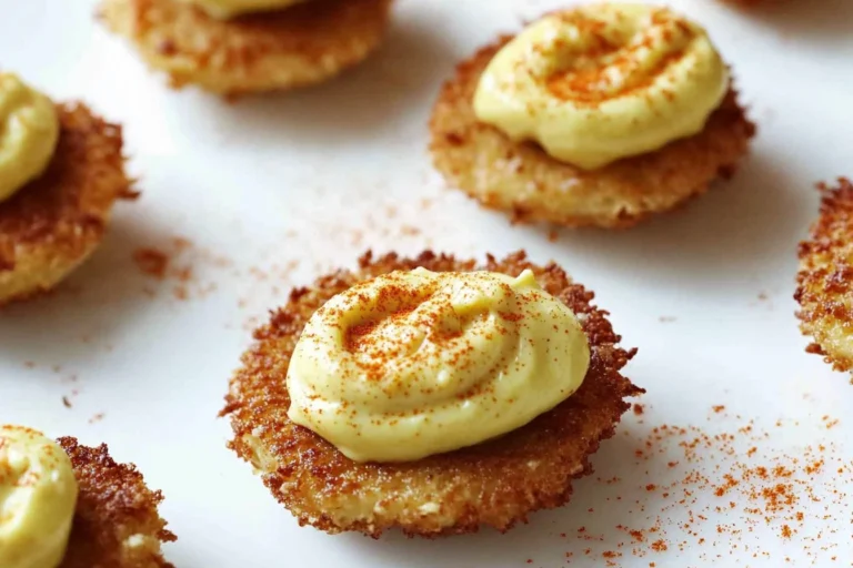 Plate of crispy deep-fried deviled eggs with a garnish of herbs