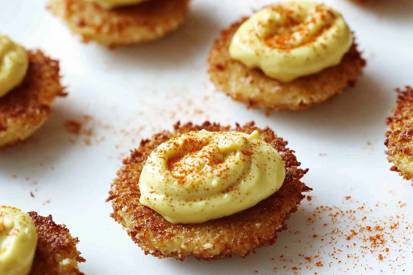 Plate of crispy deep-fried deviled eggs with a garnish of herbs