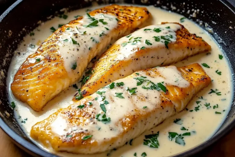 Delicious fish cooked in a savory white wine sauce garnished with fresh herbs