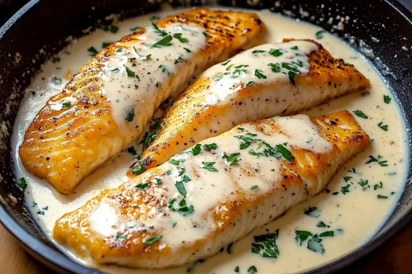 Delicious fish cooked in a savory white wine sauce garnished with fresh herbs
