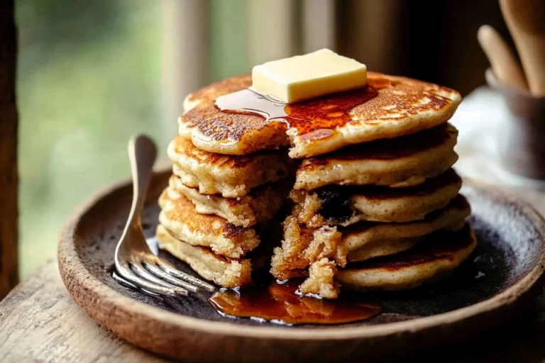Fluffy blueberry kefir pancakes topped with fresh blueberries and syrup