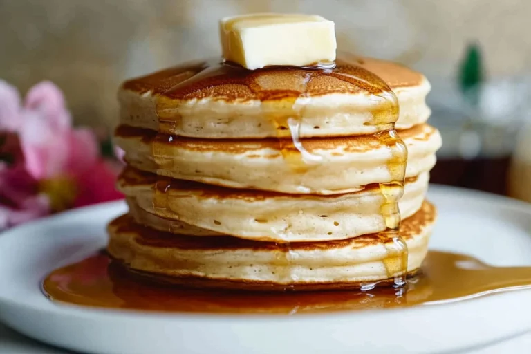 Homemade fluffy cottage cheese pancakes served with syrup and berries