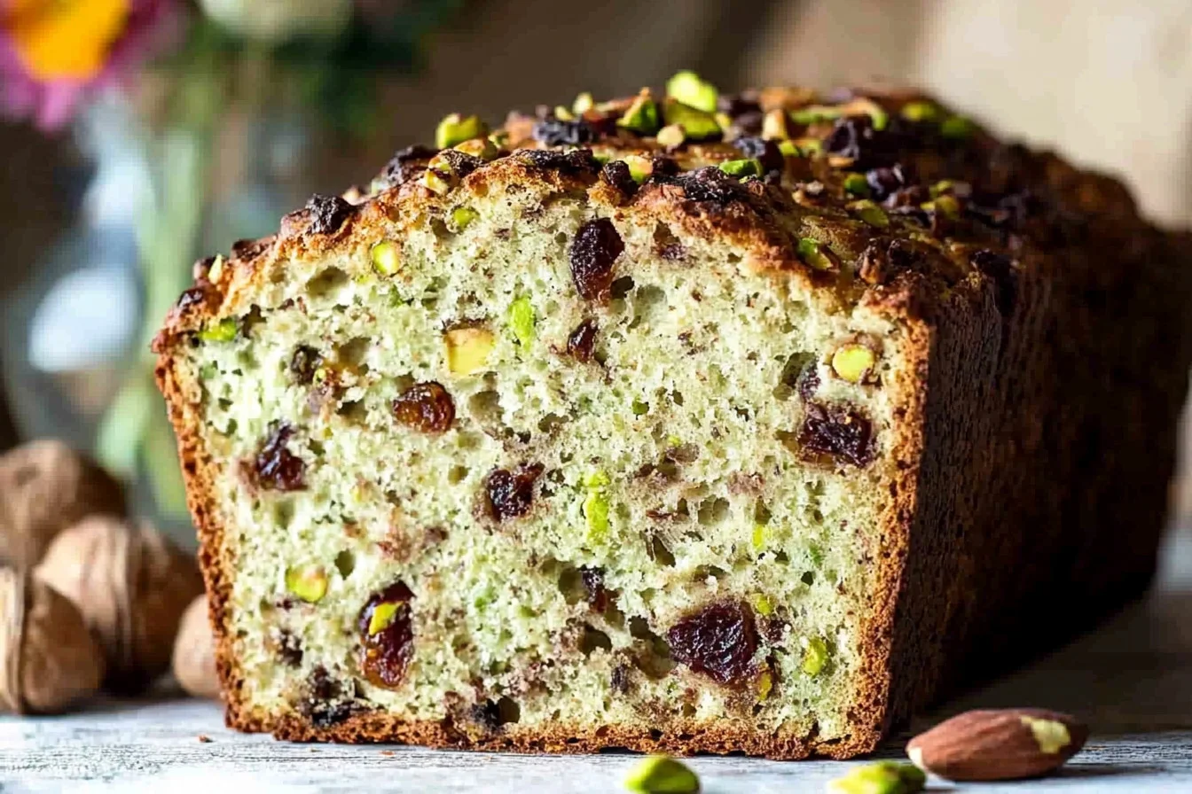 Freshly baked Green Cranberry Pistachio Bread with vibrant green color