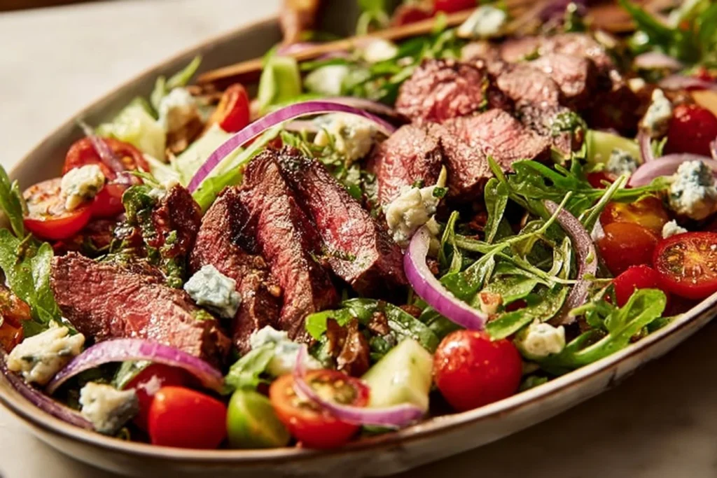 Grilled steak salad drizzled with balsamic dressing on a white plate