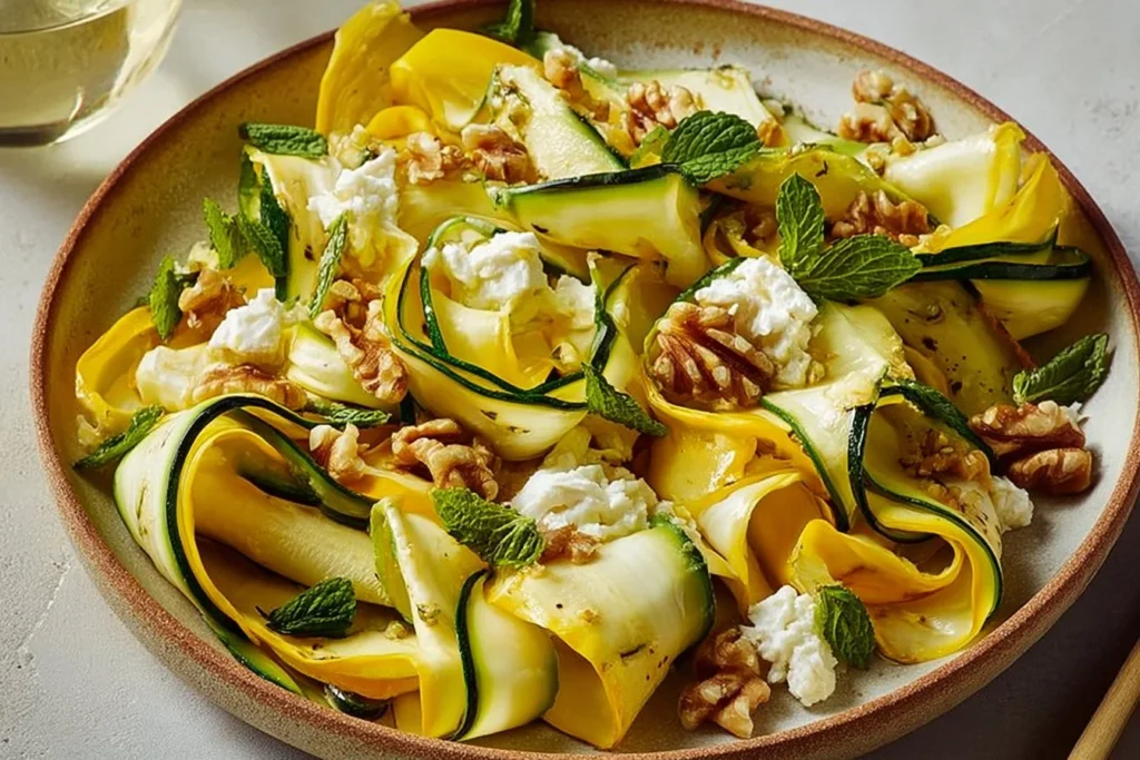Grilled zucchini skewers served with whipped ricotta on a wooden board.