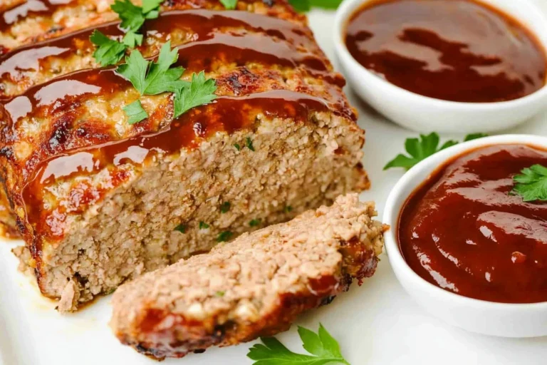 Healthy turkey meatloaf served on a plate with vegetables