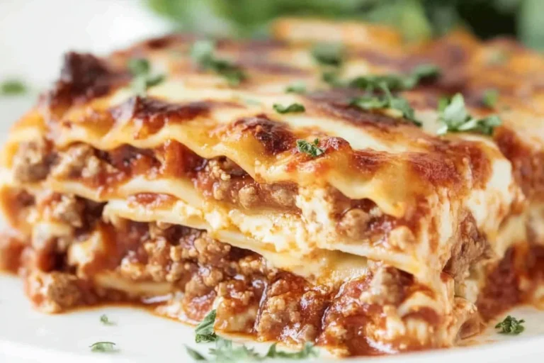 Delicious homemade lasagna with layers of cheese, sauce, and pasta