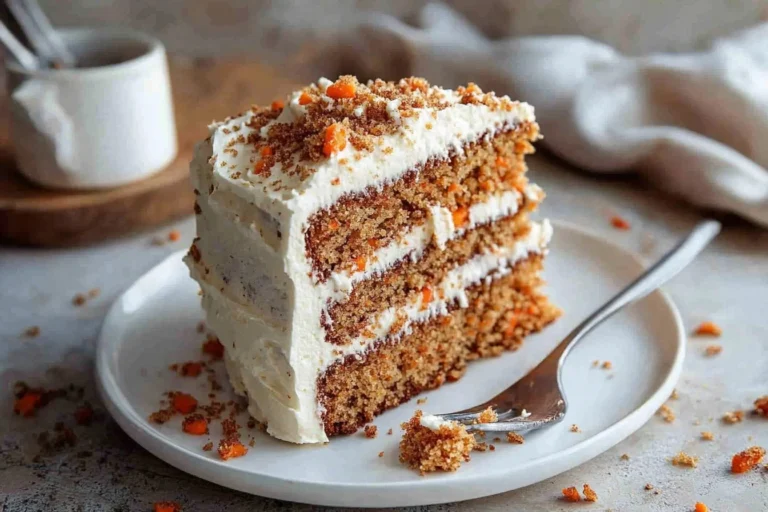 Slices of low-calorie carrot cake with cream cheese frosting and grated carrots
