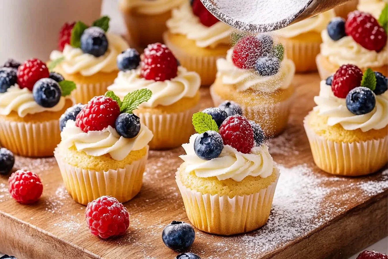 A platter of mini cheesecakes topped with various fruits and chocolate drizzles