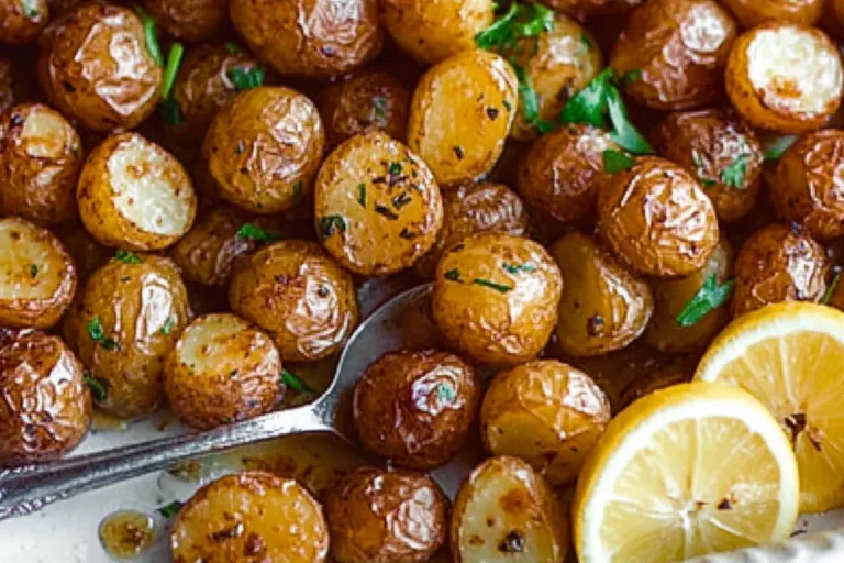Oven roasted lemon Greek potatoes garnished with herbs and lemon slices