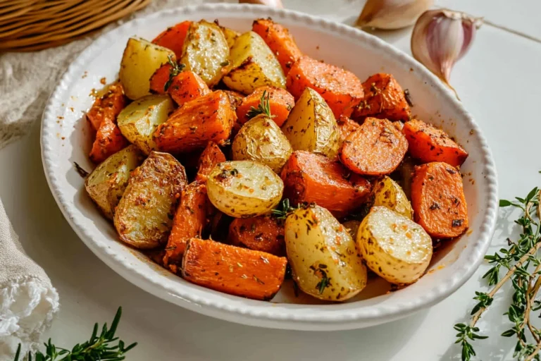 Bowl of roasted potatoes and carrots, seasoned and golden-brown.