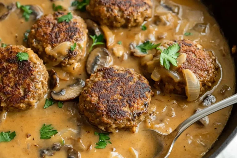 Delicious homemade Salisbury Steak served with gravy and mashed potatoes