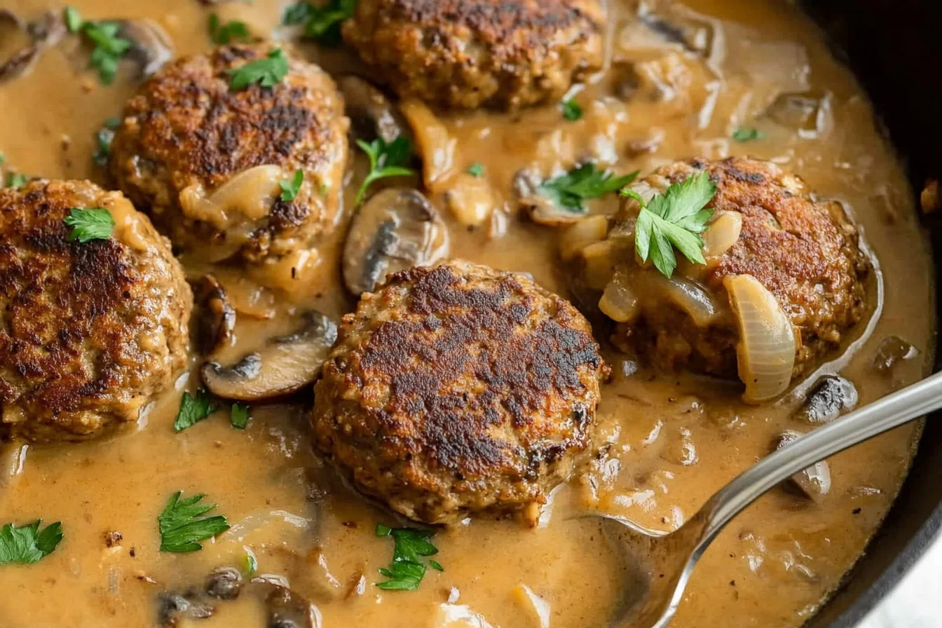 Delicious homemade Salisbury Steak served with gravy and mashed potatoes
