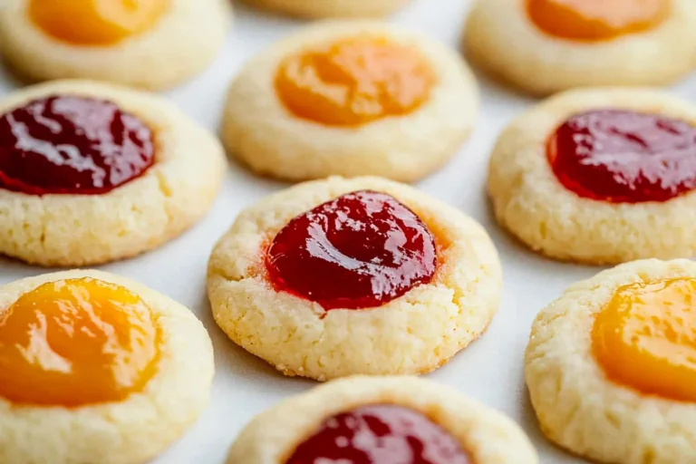 Delicious shortbread cookies with a dollop of vibrant jam on top