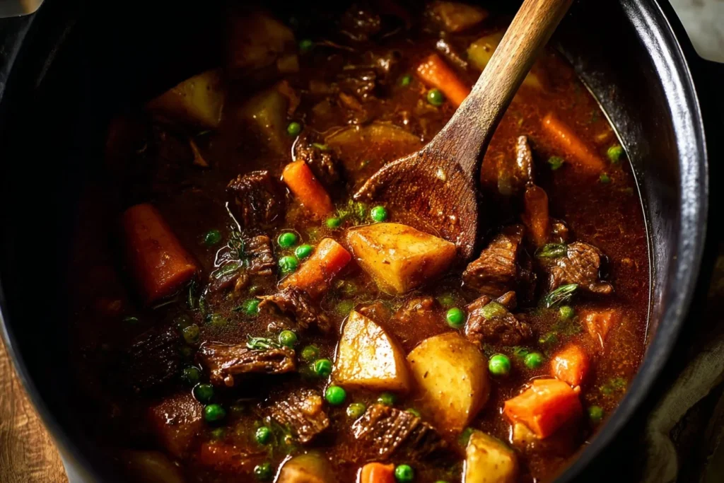 Delicious slow-cooked beef stew with vegetables in a bowl