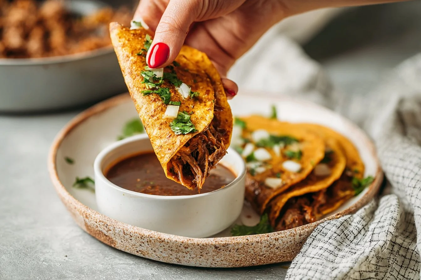Delicious Slow Cooker Birria Tacos topped with fresh cilantro and onions.