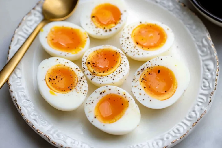 Soft-boiled eggs cooked in the microwave, showing yolk and whites in a bowl.
