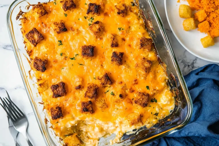 Delicious Tater Tot Breakfast Casserole topped with cheese and herbs