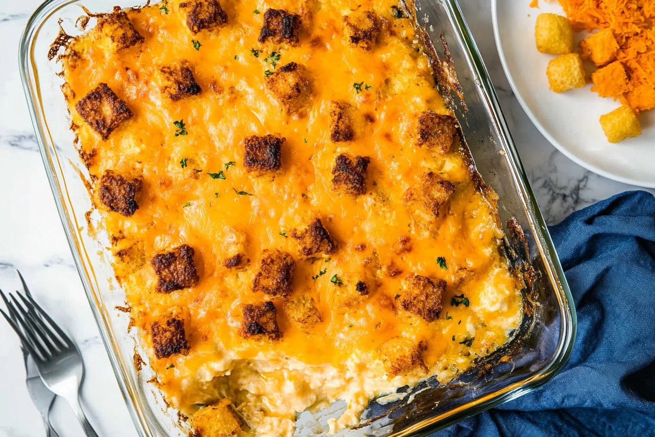 Delicious Tater Tot Breakfast Casserole topped with cheese and herbs